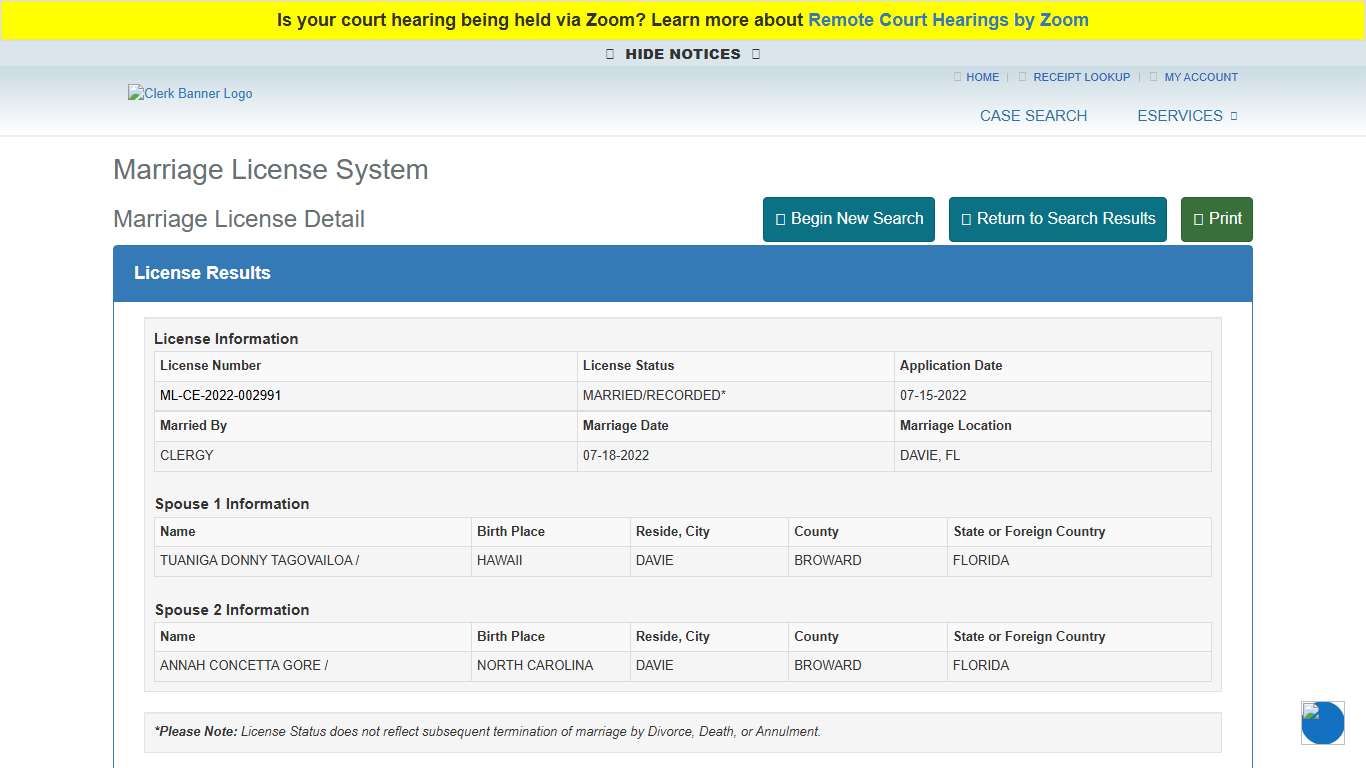Marriage License Detail - Broward County Clerk of Courts